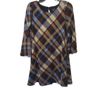 JH brown and blue plaid petite medium dress with bell sleeves